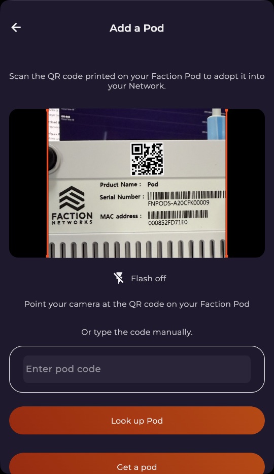 Faction app — scan to adopt a Pod